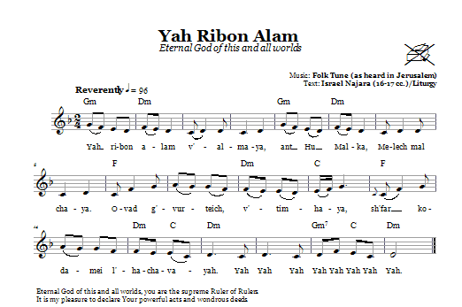 Product gallery: Page 1 of 1 Yah Ribon Olam (Eternal God Of This And All Worlds), Folk Tune