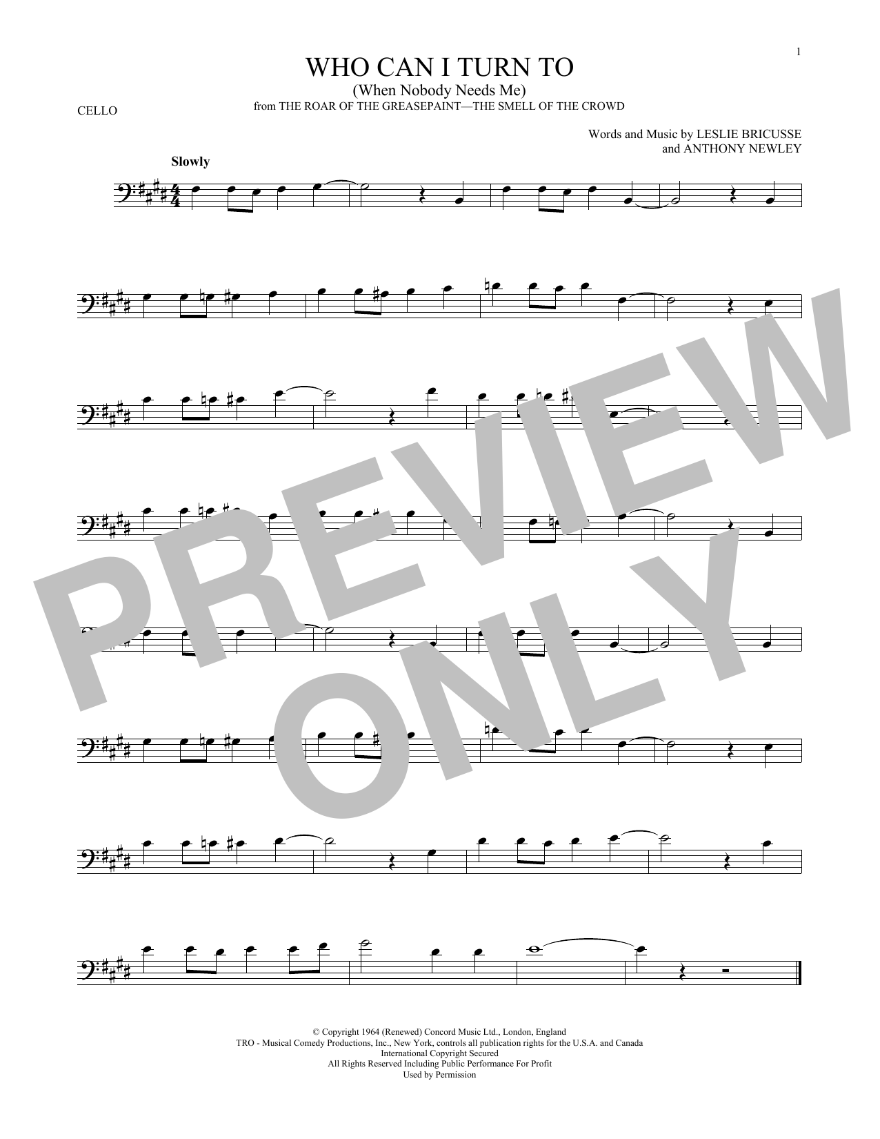 Produktgalerie: Seite 1 von 1 Who Can I Turn To (When Nobody Needs Me), Leslie Bricusse, Violoncello