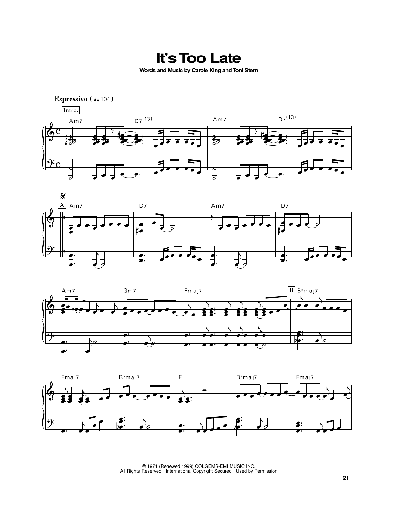 Produktgalerie: Seite 1 von 1 It's Too Late, Carole King, Klavier