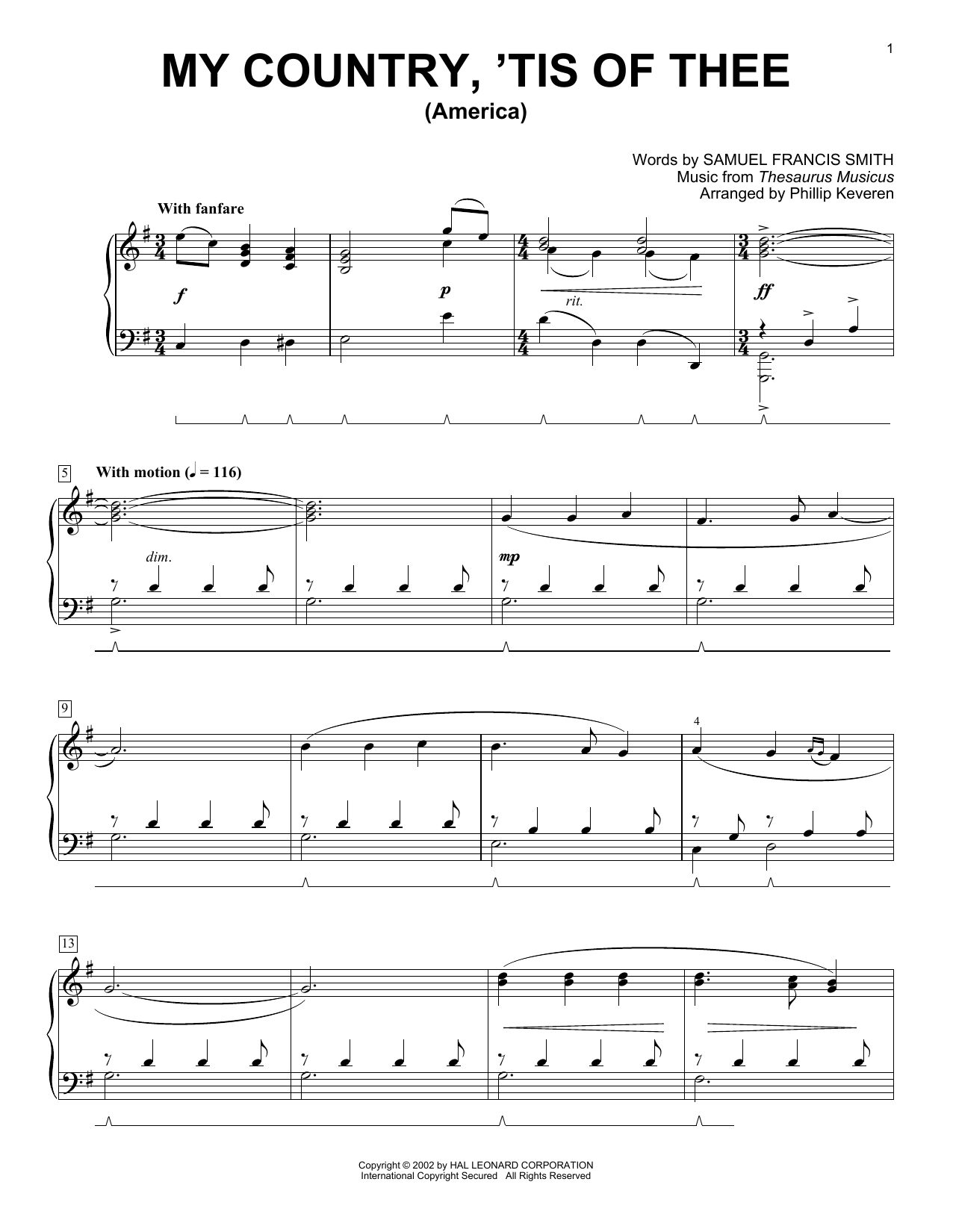 Product gallery: Page 1 of 1 My Country, 'Tis Of Thee (America) (arr. Phillip Keveren), Samuel Francis Smith