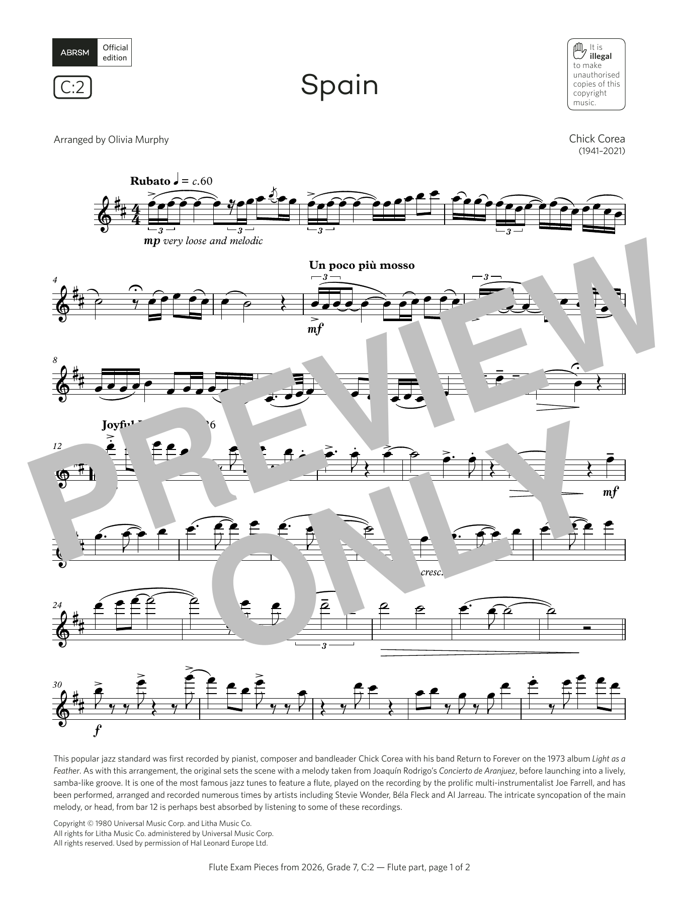 Product gallery: Page 1 of 1 Spain (Grade 7, list C2, from the ABRSM Flute Syllabus from 2026), Chick Corea