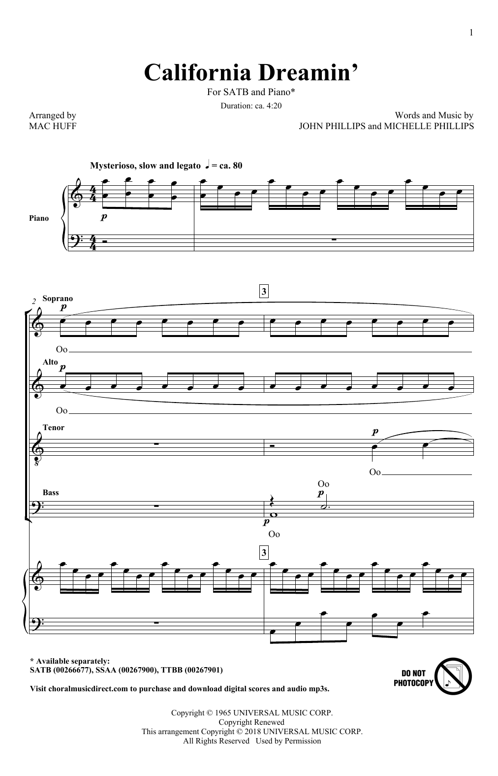 Produktgalerie: Seite 1 von 1 California Dreamin' (arr. Mac Huff), The Mamas & The Papas, Chor