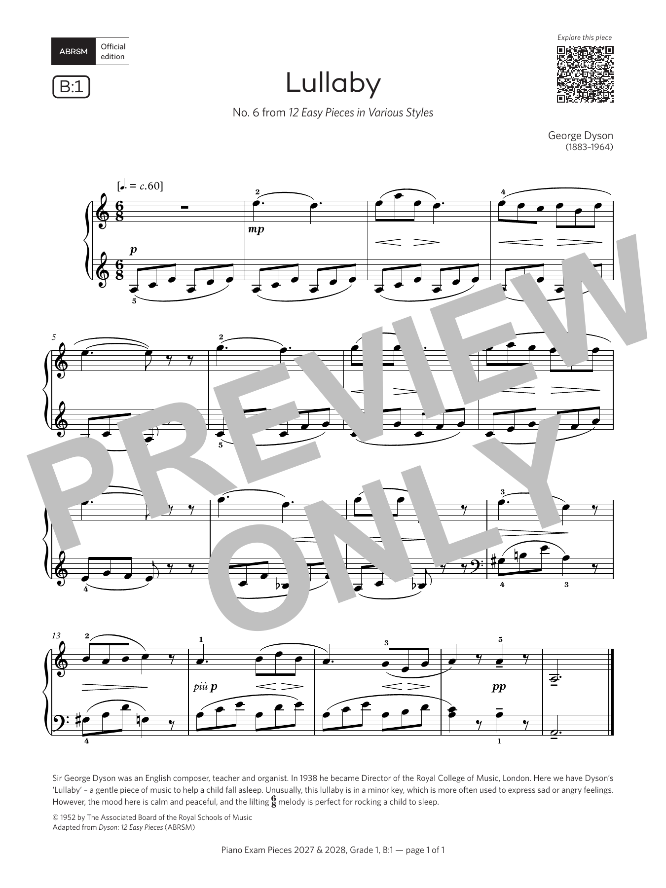 Produktgalerie: Seite 1 von 1 Lullaby (Grade 1, list B1, from the ABRSM Piano Syllabus 2027 & 2028), George Dyson, Klavier