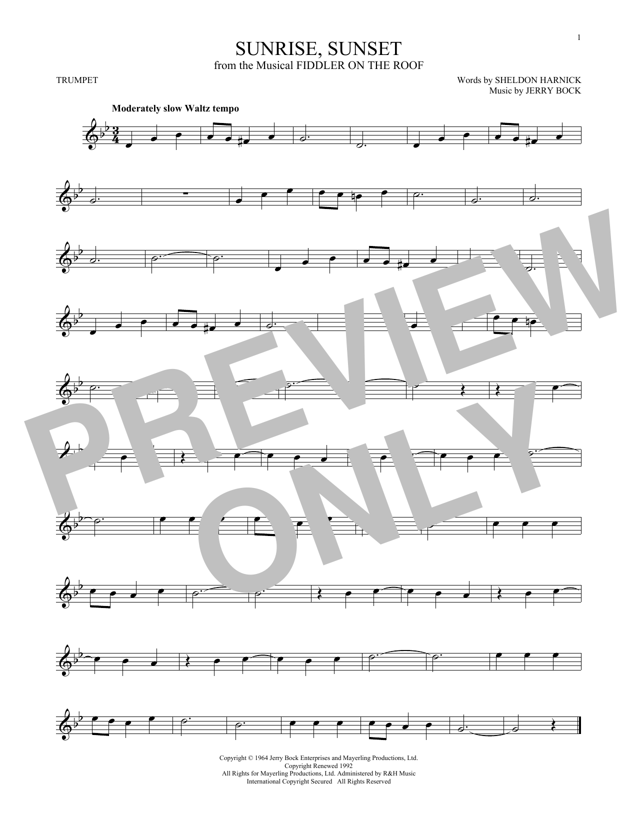 Produktgalerie: Seite 1 von 1 Sunrise, Sunset (from Fiddler On The Roof), Jerry Bock, Trompete