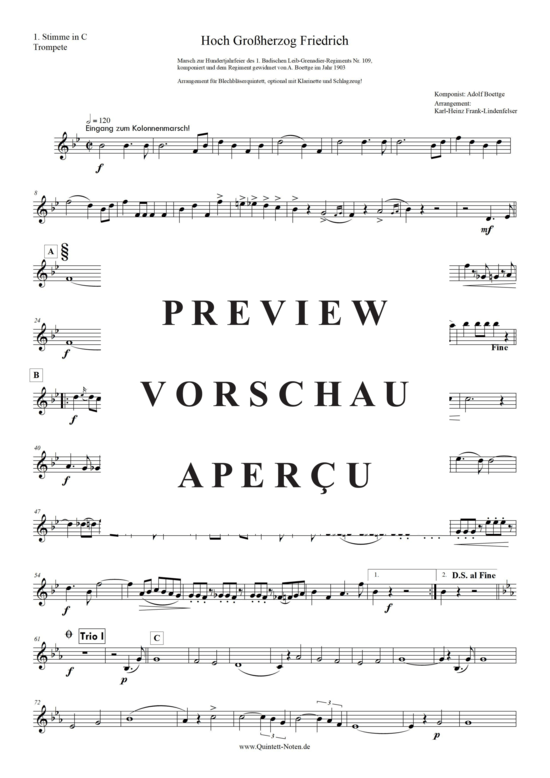 Produktgalerie: Seite 8 von 21 Hoch! Großherzog Friedrich , Blasorchester Fatamo, (Blechbläser Quintett - flexible Besetzung + Schlagzeug)
