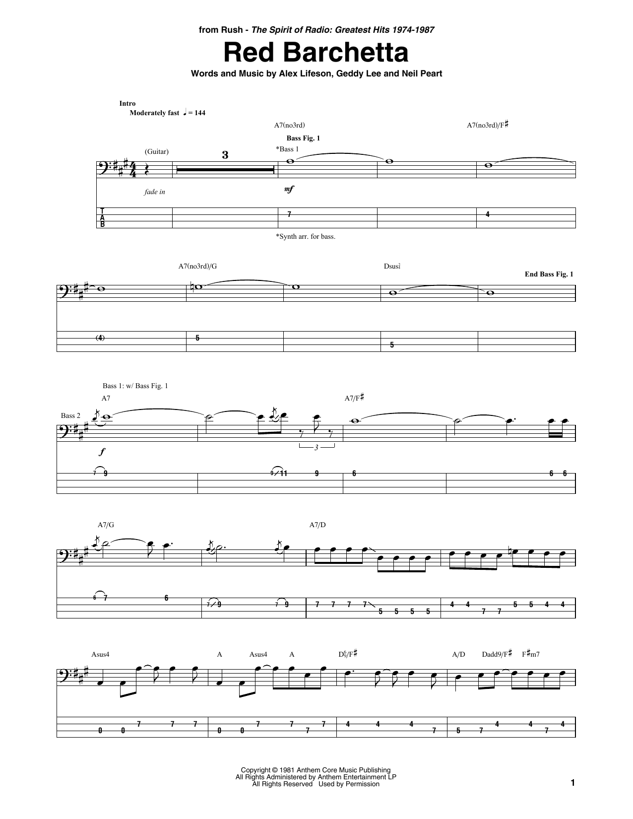 Produktgalerie: Seite 1 von 1 Red Barchetta, Rush, E-Bass