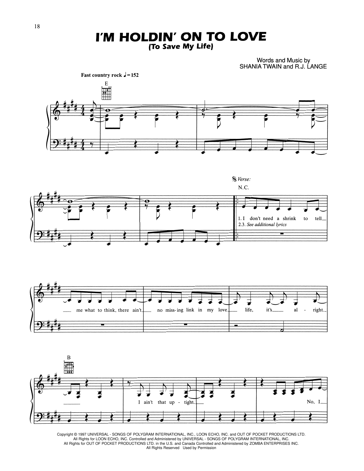 Produktgalerie: Seite 1 von 1 I'm Holdin' On To Love (To Save My Life), Shania Twain, Gesang, Gitarre, Klavier