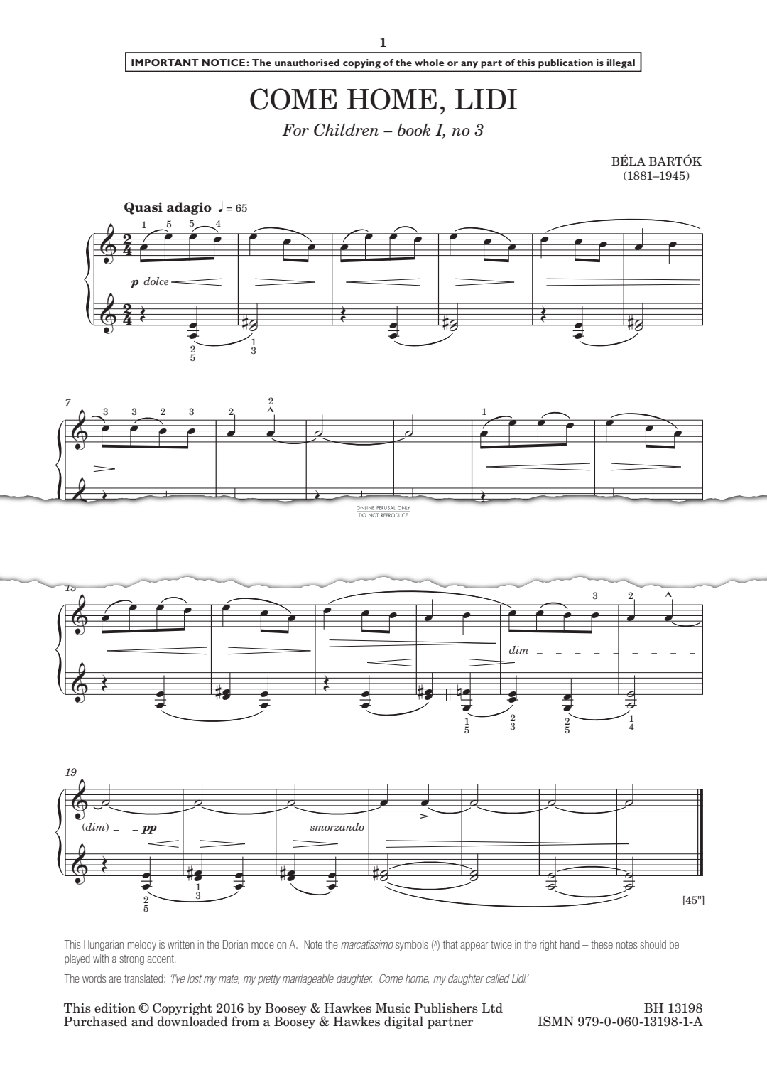 Produktgalerie: Seite 1 von 1 Come Home, Lidi (from For Children - Book I, No. 3), Bela Bartok, Klavier