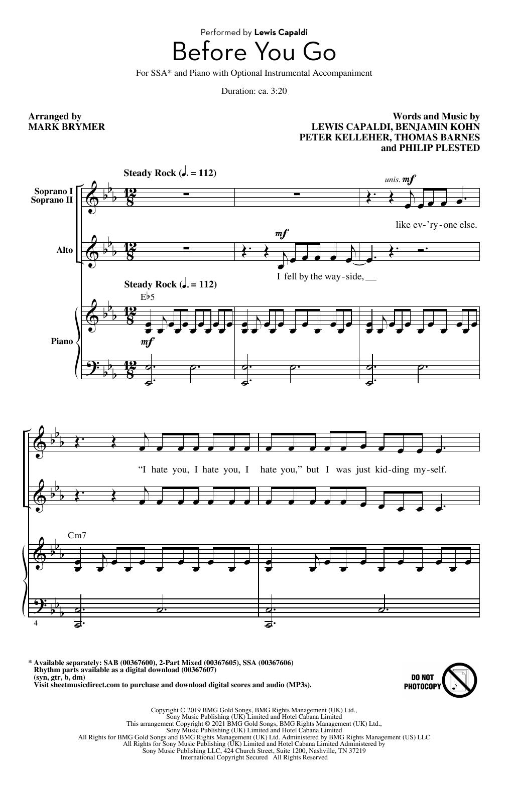 Produktgalerie: Seite 1 von 1 Before You Go (arr. Mark Brymer), Lewis Capaldi, Chor