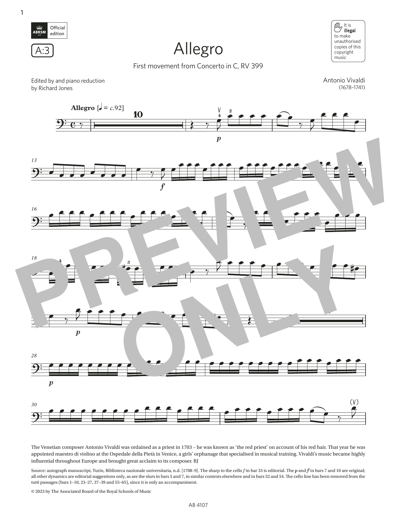 Produktgalerie: Seite 1 von 1 Allegro (Grade 4, A3, from the ABRSM Cello Syllabus from 2024), Antonio Vivaldi, Violoncello