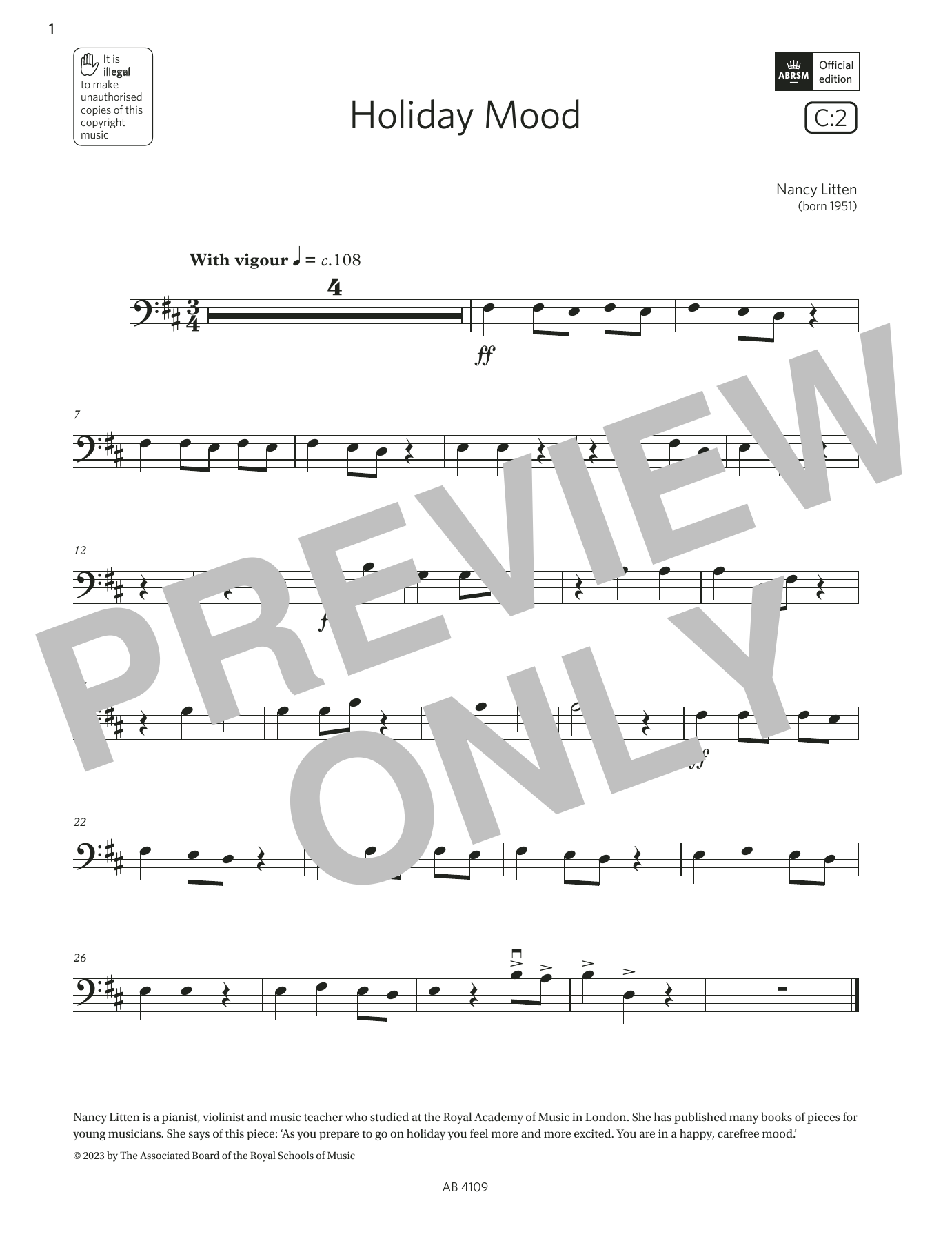 Produktbild zu:  Holiday Mood (Grade Initial, C2, from the ABRSM Double Bass Syllabus from 2024) - Nancy Litten