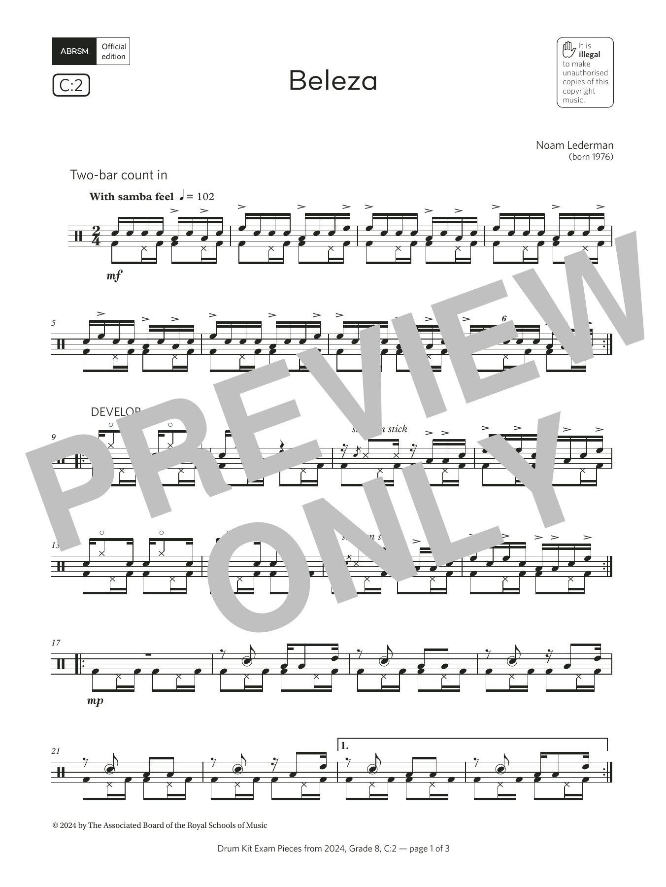 Product gallery: Page 1 of 1 Beleza (Grade 8, list C2, from the ABRSM Drum Kit Syllabus 2024), Noam Lederman