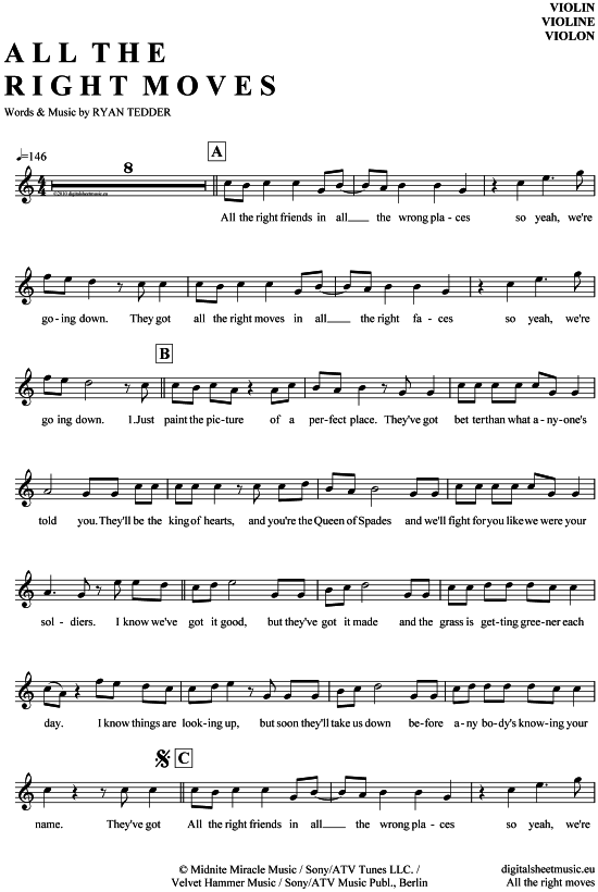 Product gallery: Page 1 of 4 All the right moves , OneRepublic, (violin)