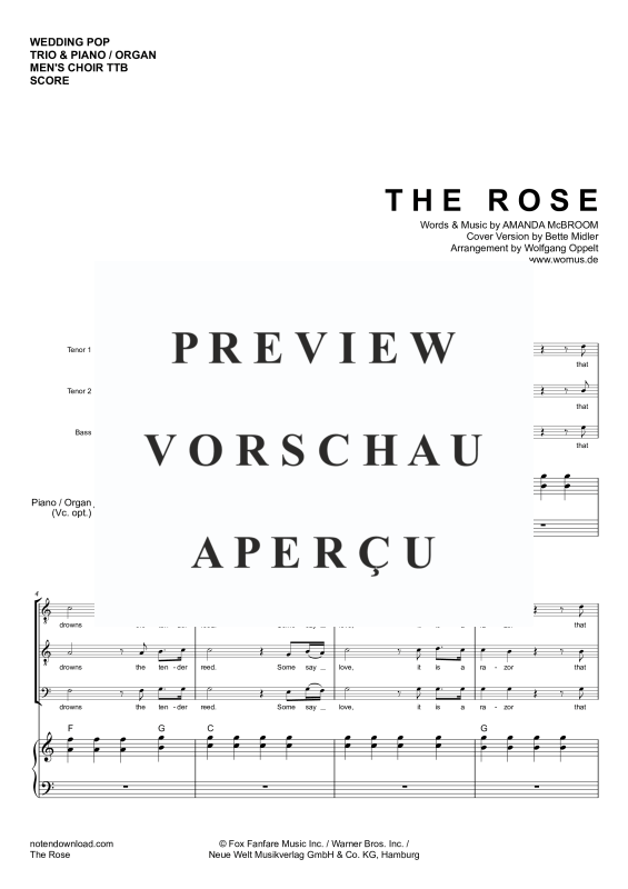 Produktgalerie: Seite 4 von 11 The Rose, Midler, Bette, Männerchor/Ensemble TTB & Klavier/Orgel Violoncello opt. - Single Version