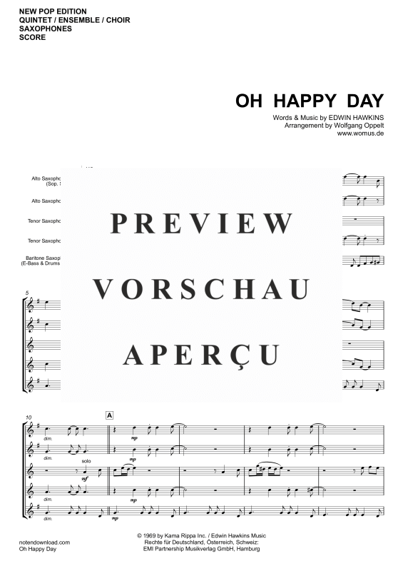 gallery: Oh Happy Day, Edwin Hawkins Singers, Saxophone quintet/ensemble/choir - electric bass with chords and drum set opt.