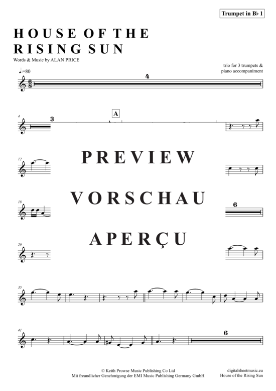 Produktgalerie: Seite 11 von 21 The House Of The Rising Sun , Animals, The, (Trompeten Trio + Klavier)