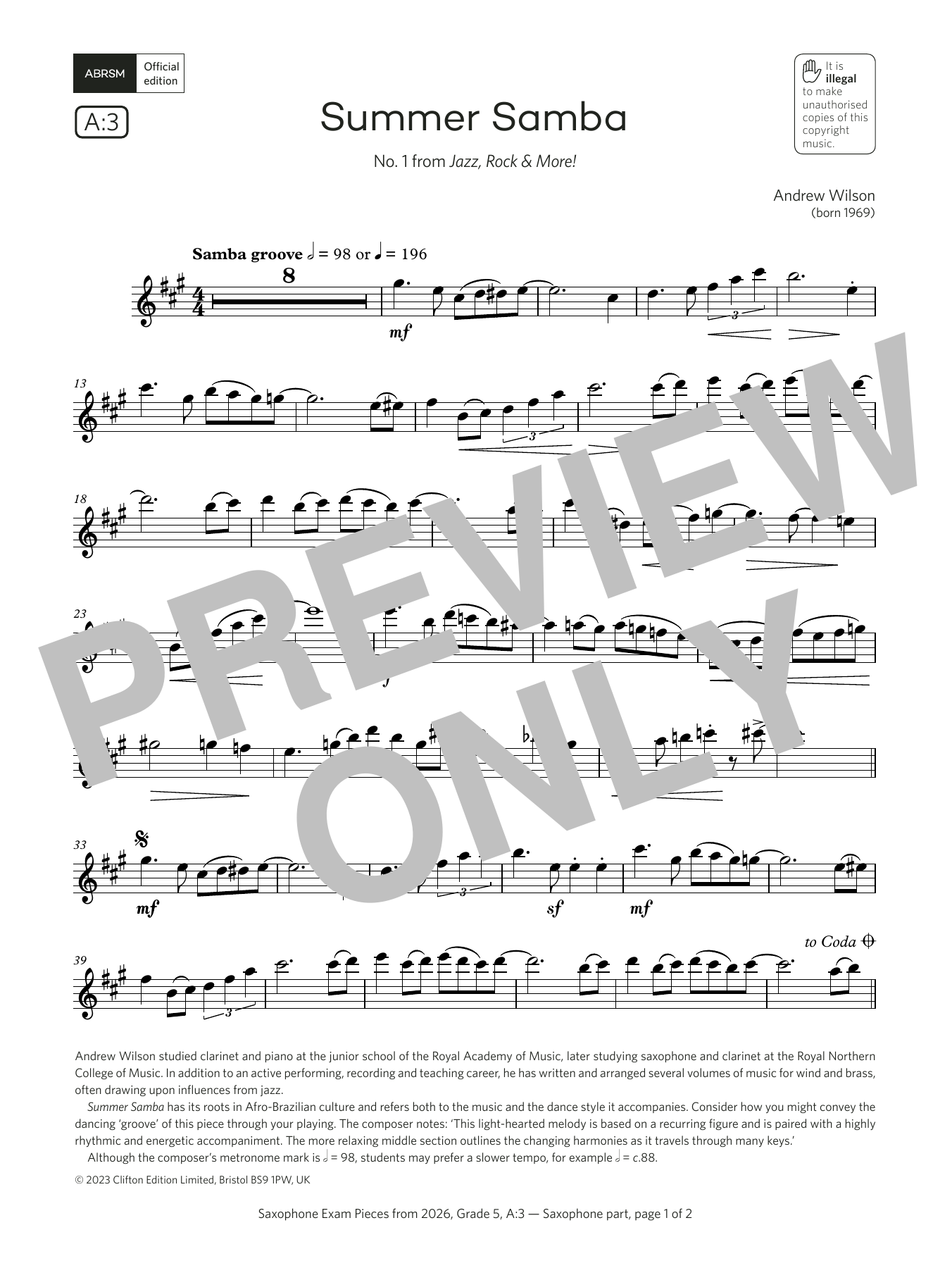 Product gallery: Page 1 of 1 Summer Samba (Grade 5, list A3, from the ABRSM Saxophone Syllabus from 2026), Andrew Wilson