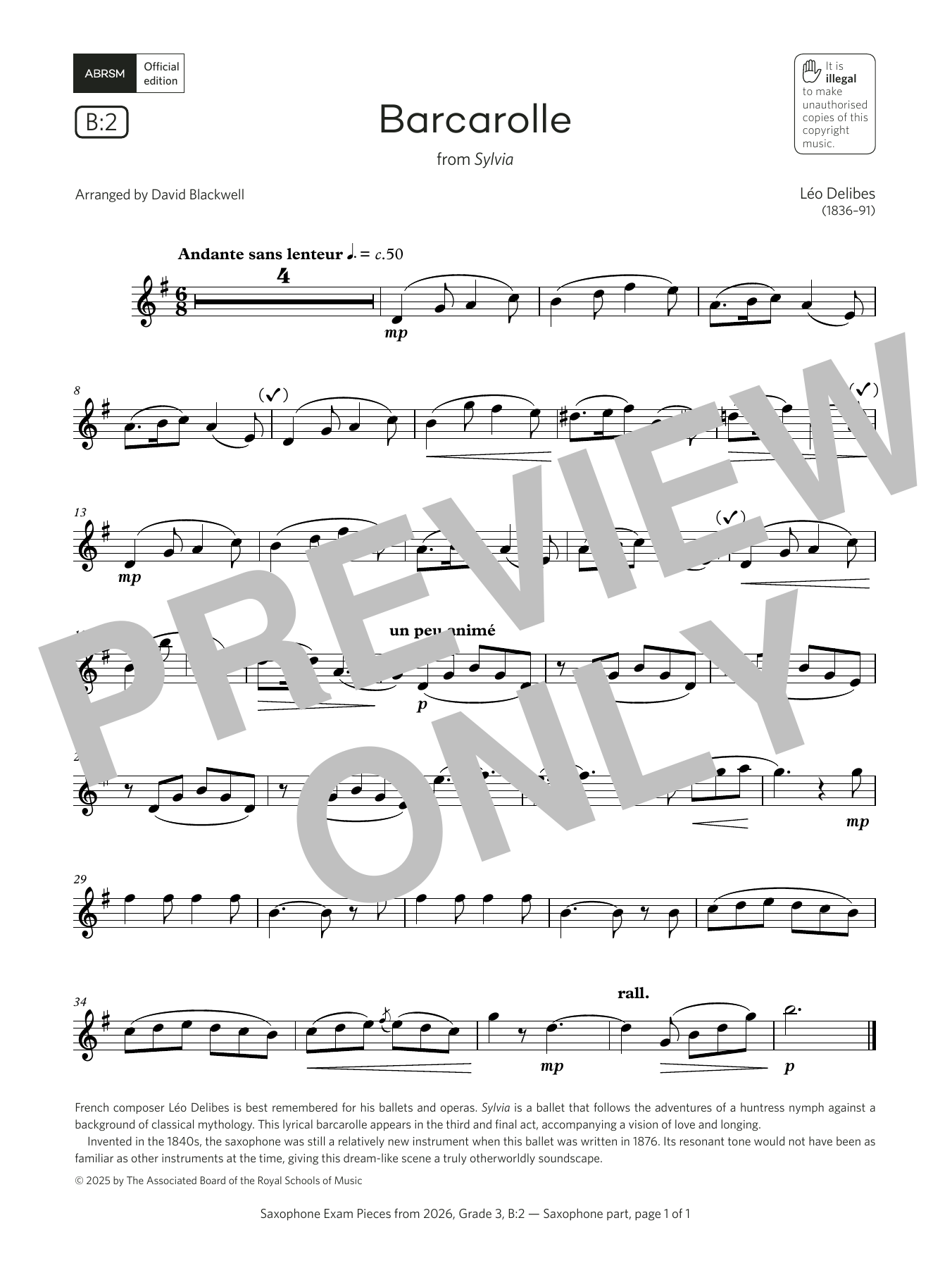 Product gallery: Page 1 of 1 Barcarolle (Grade 3, list B2, from the ABRSM Saxophone Syllabus from 2026), Léo Delibes