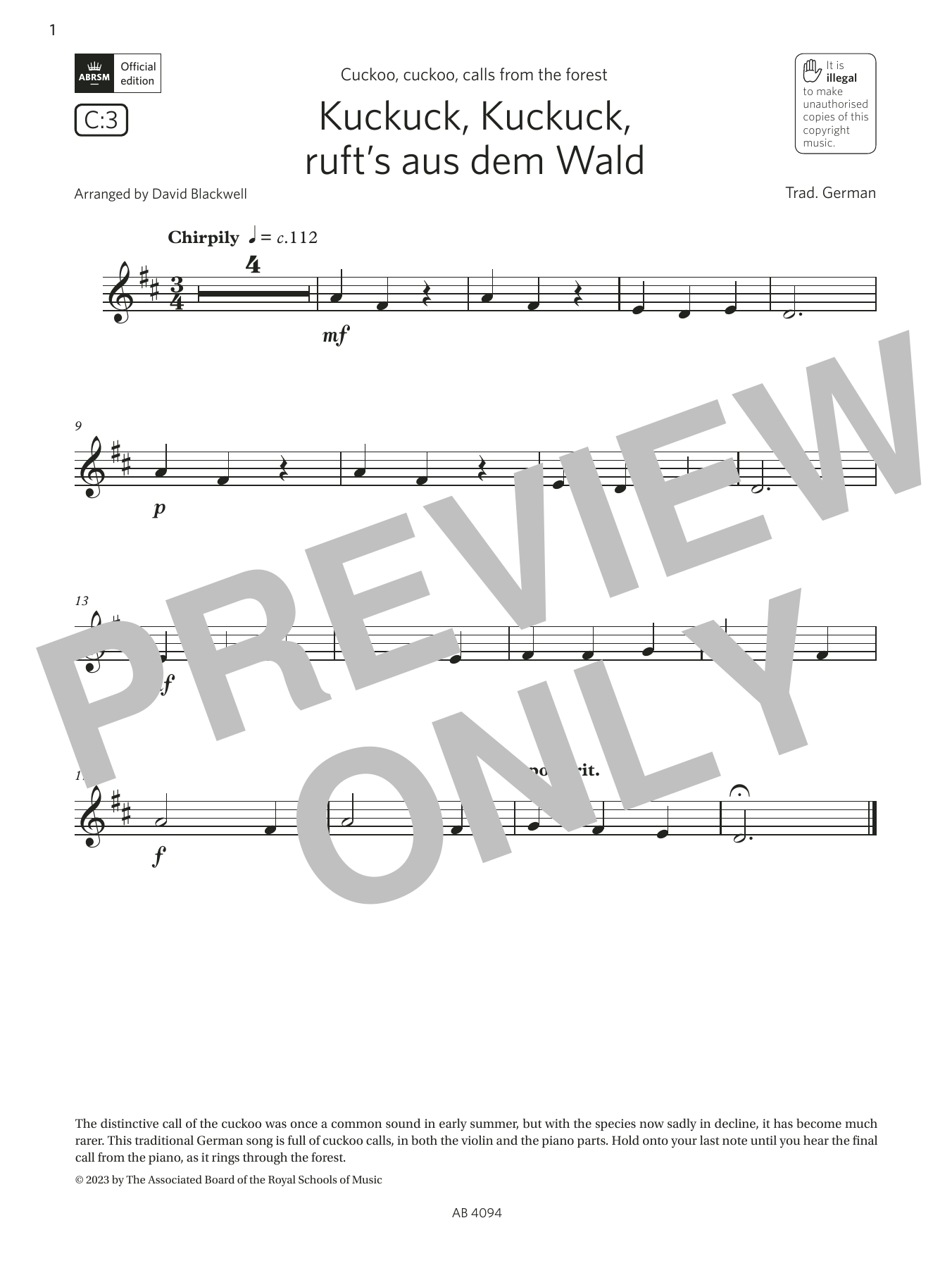 Product gallery: Page 1 of 1 Kuckuck, Kuckuck, ruft's aus dem Wald (Grade Initial, C3, from the ABRSM Violin Syllabus from 2024), Trad. German