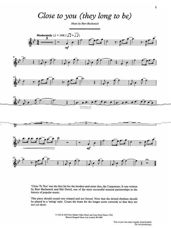 Produktgalerie: Seite 1 von 1 (They Long To Be) Close To You, Burt Bacharach, Flöte, Klavier