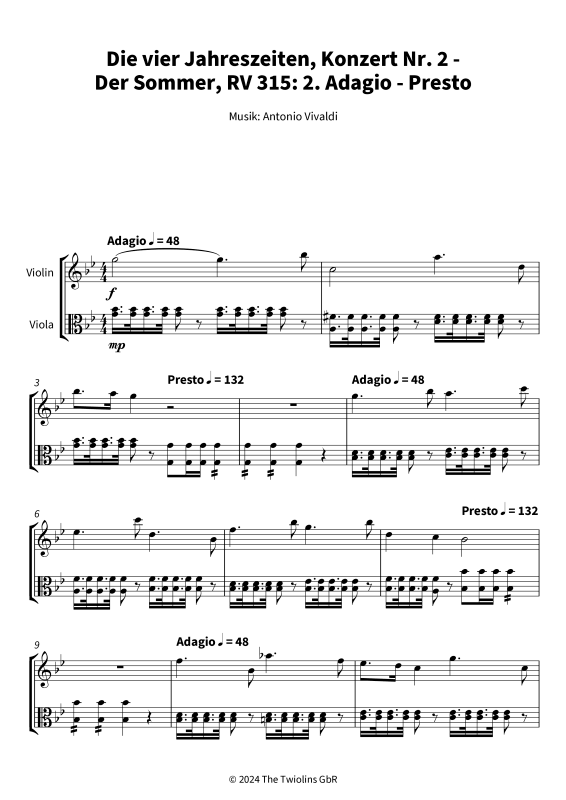 Produktgalerie: Seite 1 von 5 Die vier Jahreszeiten, Konzert Nr. 2 - Der Sommer - 2. Adagio, The Twiolins, (Duett Violine + Viola)