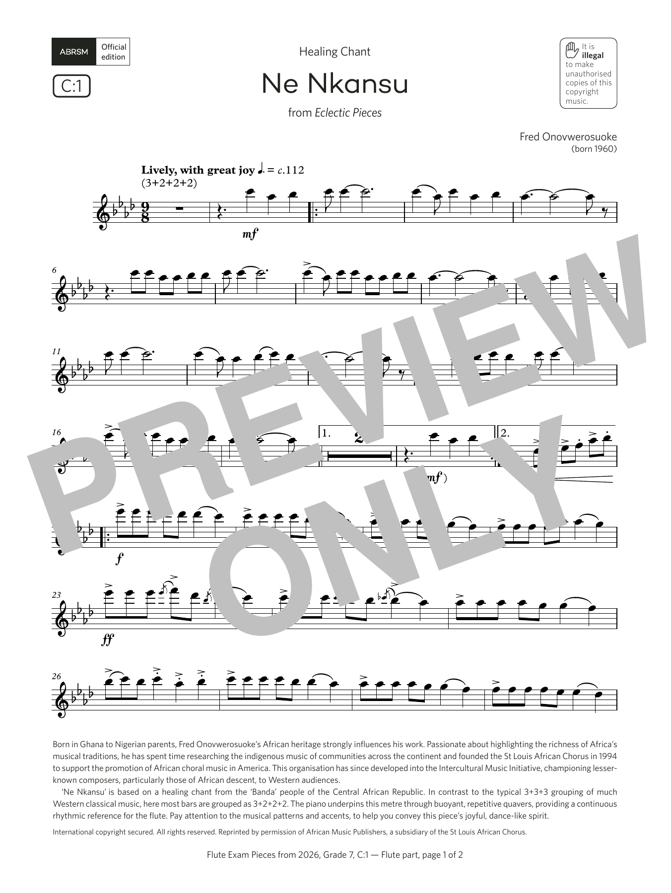 Product gallery: Page 1 of 1 Ne Nkansu (Grade 7, list C1, from the ABRSM Flute Syllabus from 2026), Fred Onovwerosuoke