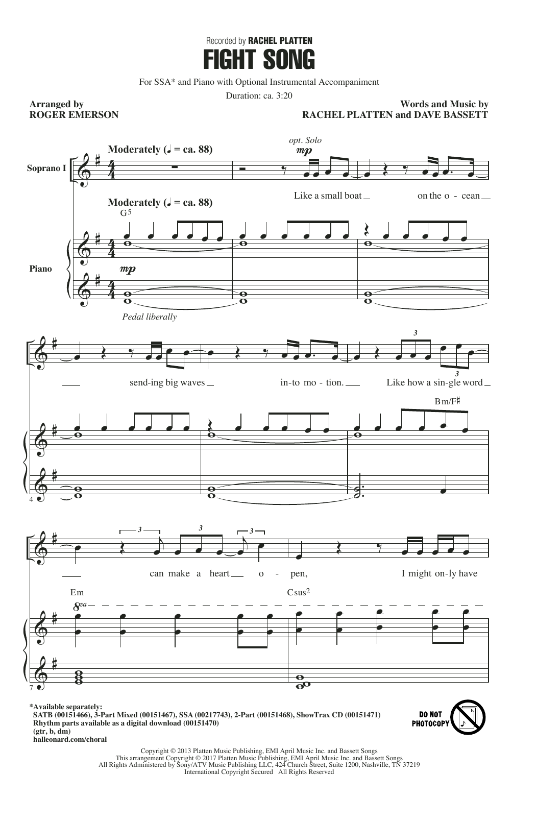 Produktgalerie: Seite 1 von 1 Fight Song (Arr. Roger Emerson), Rachel Platten, Chor