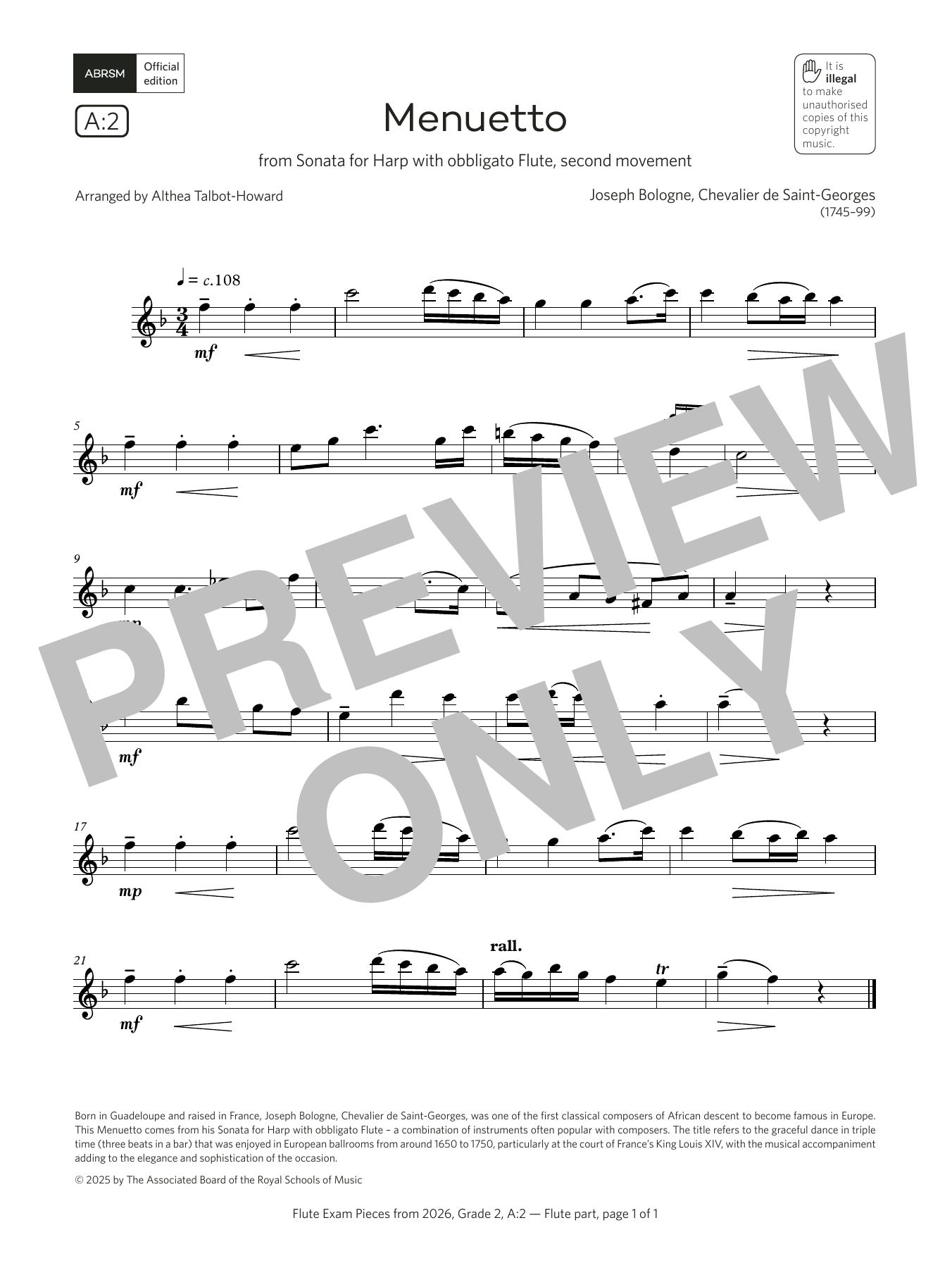 Product gallery: Page 1 of 1 Menuetto (Grade 2, list A2, from the ABRSM Flute Syllabus from 2026), Chevalier de Saint-Georges