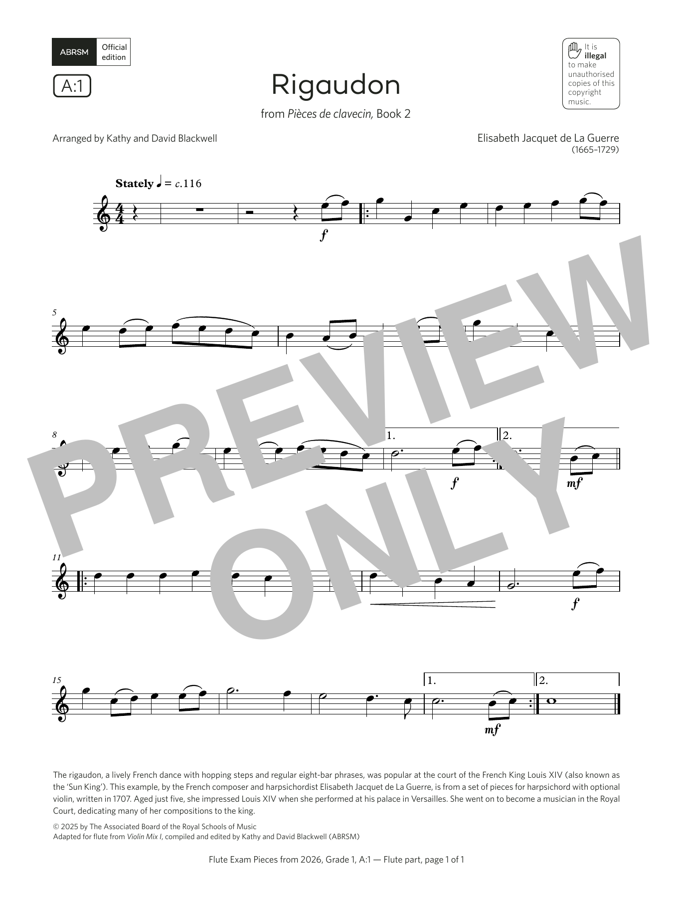 Product gallery: Page 1 of 1 Rigaudon (Grade 1, list A1, from the ABRSM Flute Syllabus from 2026), Elisabeth Jacquet de La Guerre