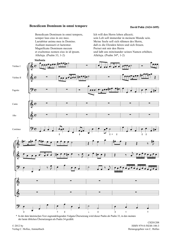 Produktgalerie: Seite 1 von 11 Benedicam Dominum (Psalm 33), , Gemischtes Ensemble SA, 2 Violinen, Fagott und BC