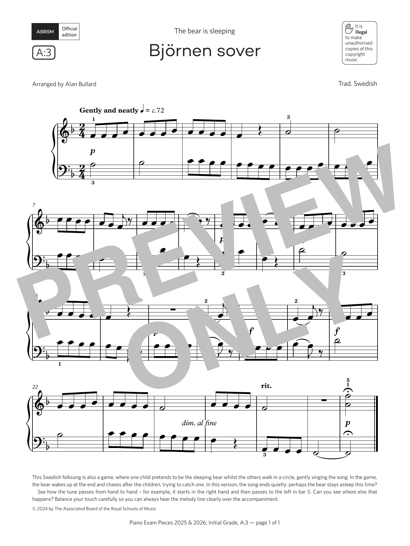 Product picture to: Bjørnen sover (Grade Initial, list A3, from the ABRSM Piano Syllabus 2025 & 2026)