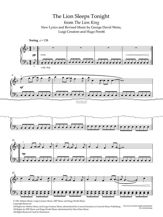 Produktgalerie: Seite 1 von 1 The Lion Sleeps Tonight (from 'The Lion King'), Luigi Creatore, Klavier