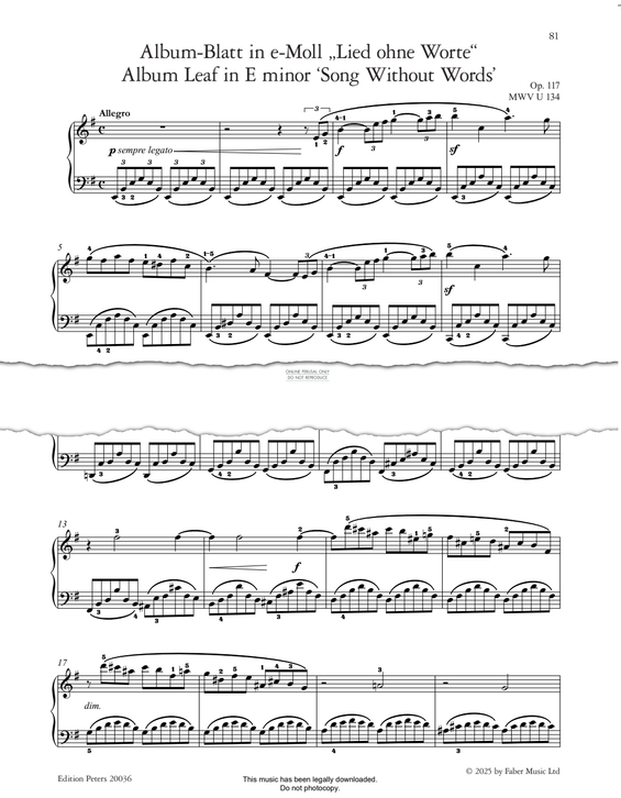 Produktgalerie: Seite 1 von 1 Album Leaf in E minor (Song Without Words), Op. 117, Felix Mendelssohn, Klavier