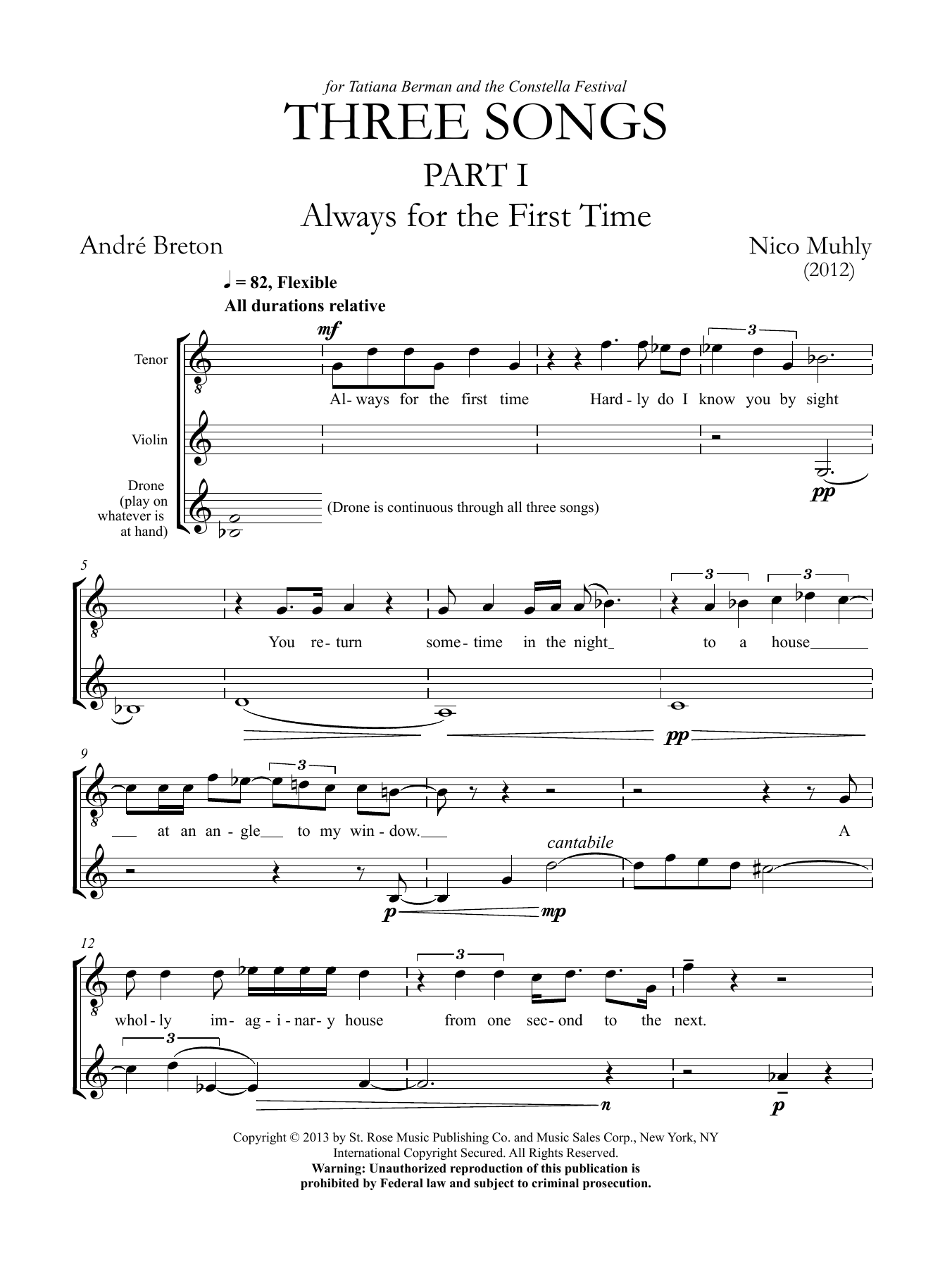 Product gallery: Page 1 of 1 Three Songs for Tenor, Violin and Drone, Nico Muhly