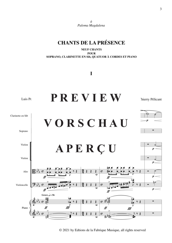 Product gallery: Page 6 of 21 Chants de la Présence , , (Mixed ensemble for soprano, clarinet in Bb + string quartet, piano)