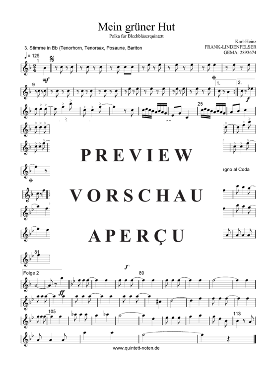 Produktgalerie: Seite 14 von 21 Mein Grüner Hut , Blasorchester Fatamo, (Blechbläser Quintett - Flexible Besetzung + Schlagzeug)