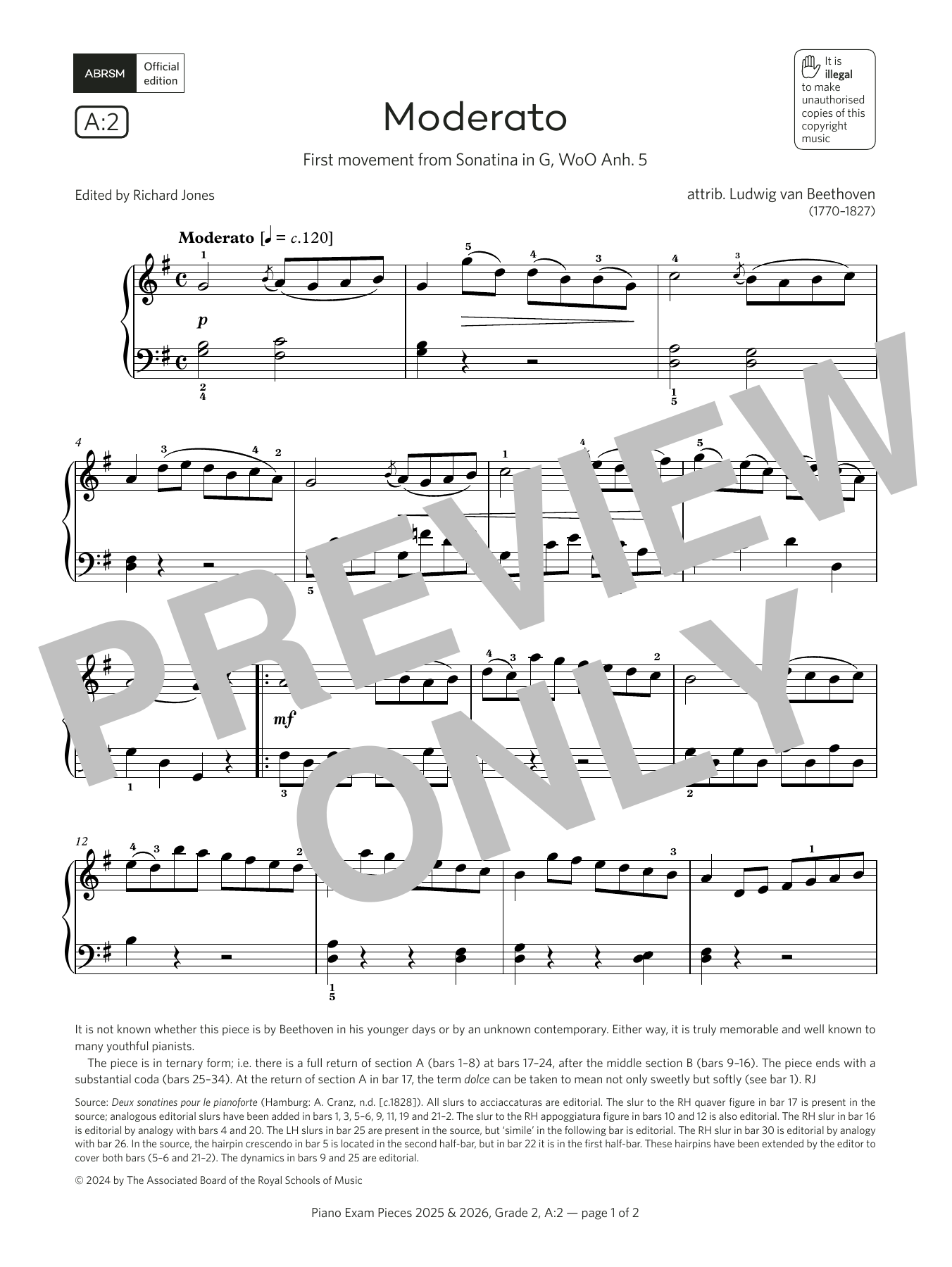 Produktbild zu:  Moderato (Grade 2, list A2, from the ABRSM Piano Syllabus 2025 & 2026) - Ludwig van Beethoven