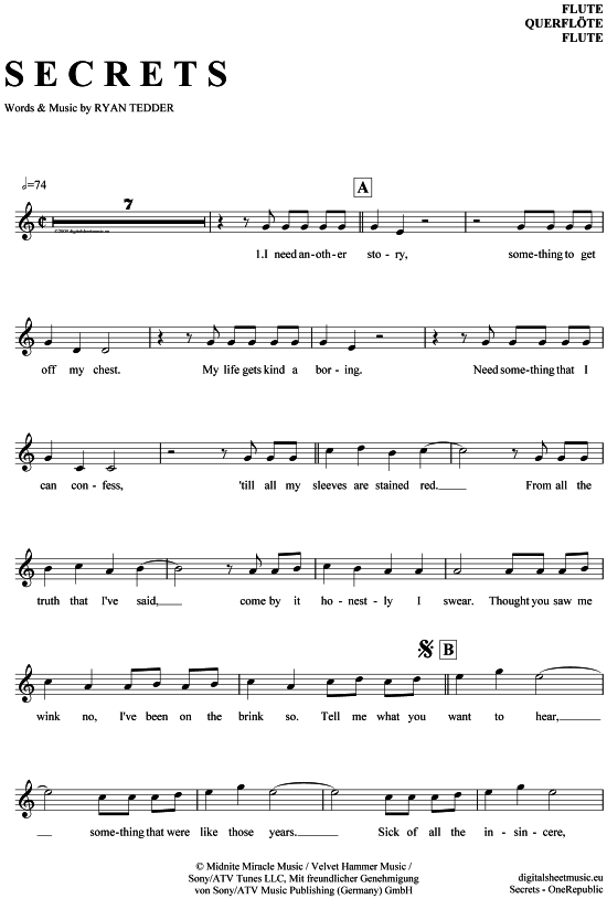 Product gallery: Page 1 of 4 Secrets , OneRepublic, (transverse flute)