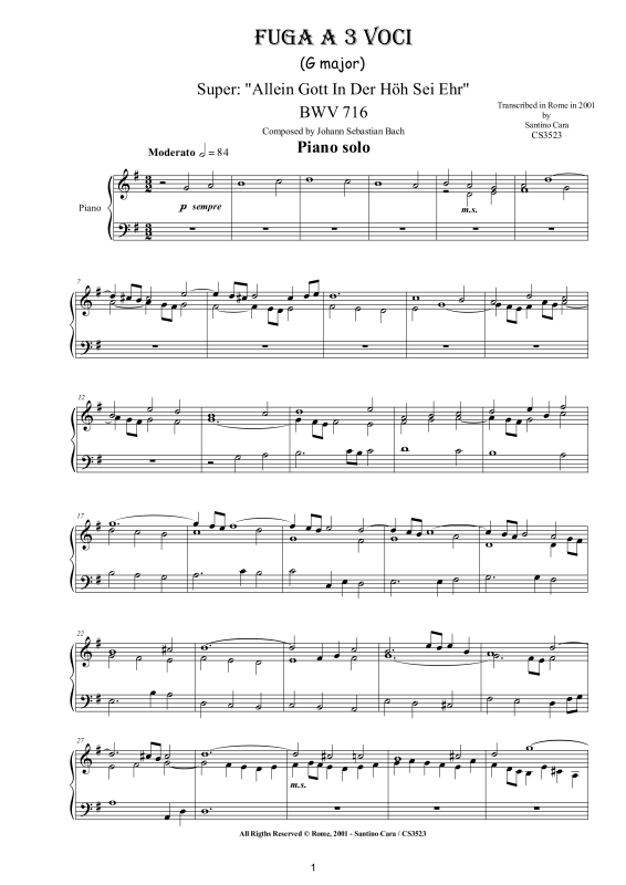 Produktbild zu: Fuga on (Allein Gott In Der Höh Sei Ehr) BWV 716Johann Sebastian Bach