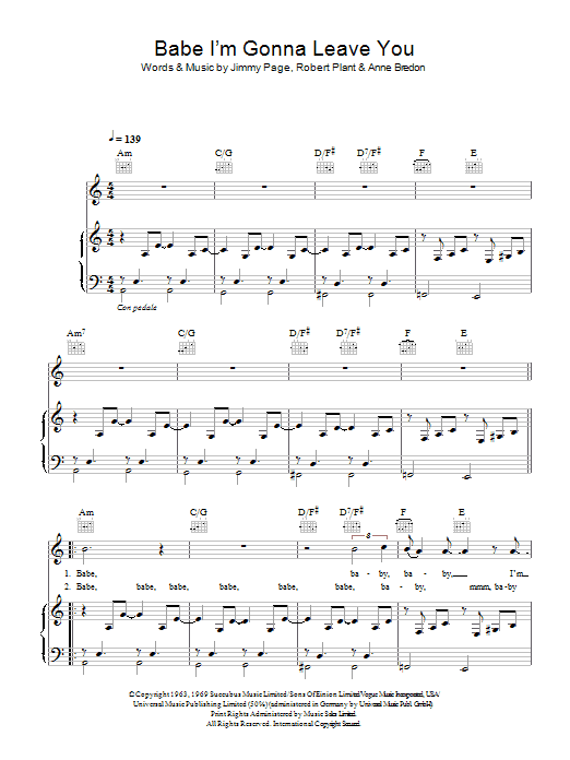 Produktgalerie: Seite 1 von 1 Babe, I'm Gonna Leave You, Led Zeppelin, Gesang, Gitarre, Klavier
