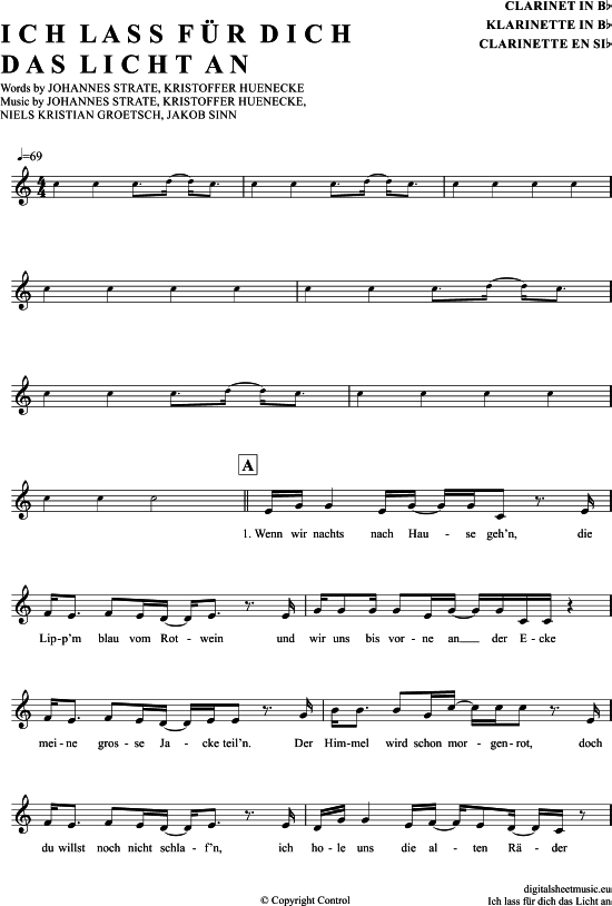 Product gallery: Page 1 of 5 Ich Lass Für Dich Das Licht An , Revolverheld, Clarinet in B-flat