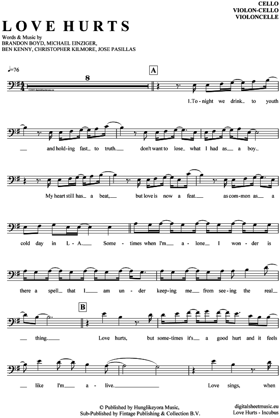 Produktgalerie: Seite 1 von 4 Love Hurts , Incubus, (Violon-Cello)