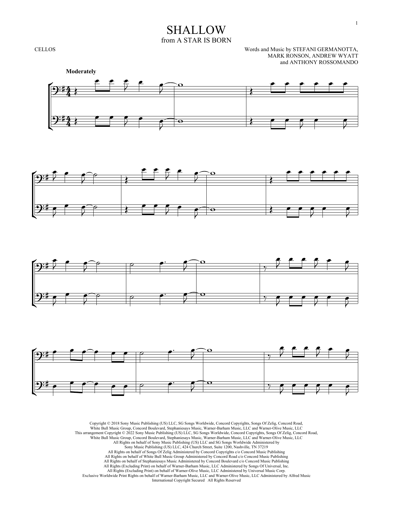 Produktgalerie: Seite 1 von 1 Shallow (from A Star Is Born), Lady Gaga & Bradley Cooper, Violoncello