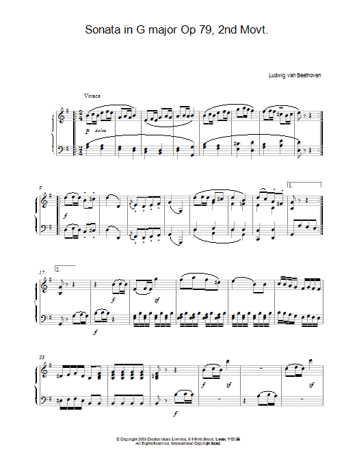 Product gallery: Page 1 of 1 Sonata in G major Op 79, 2nd Movt., Ludwig Van Beethoven