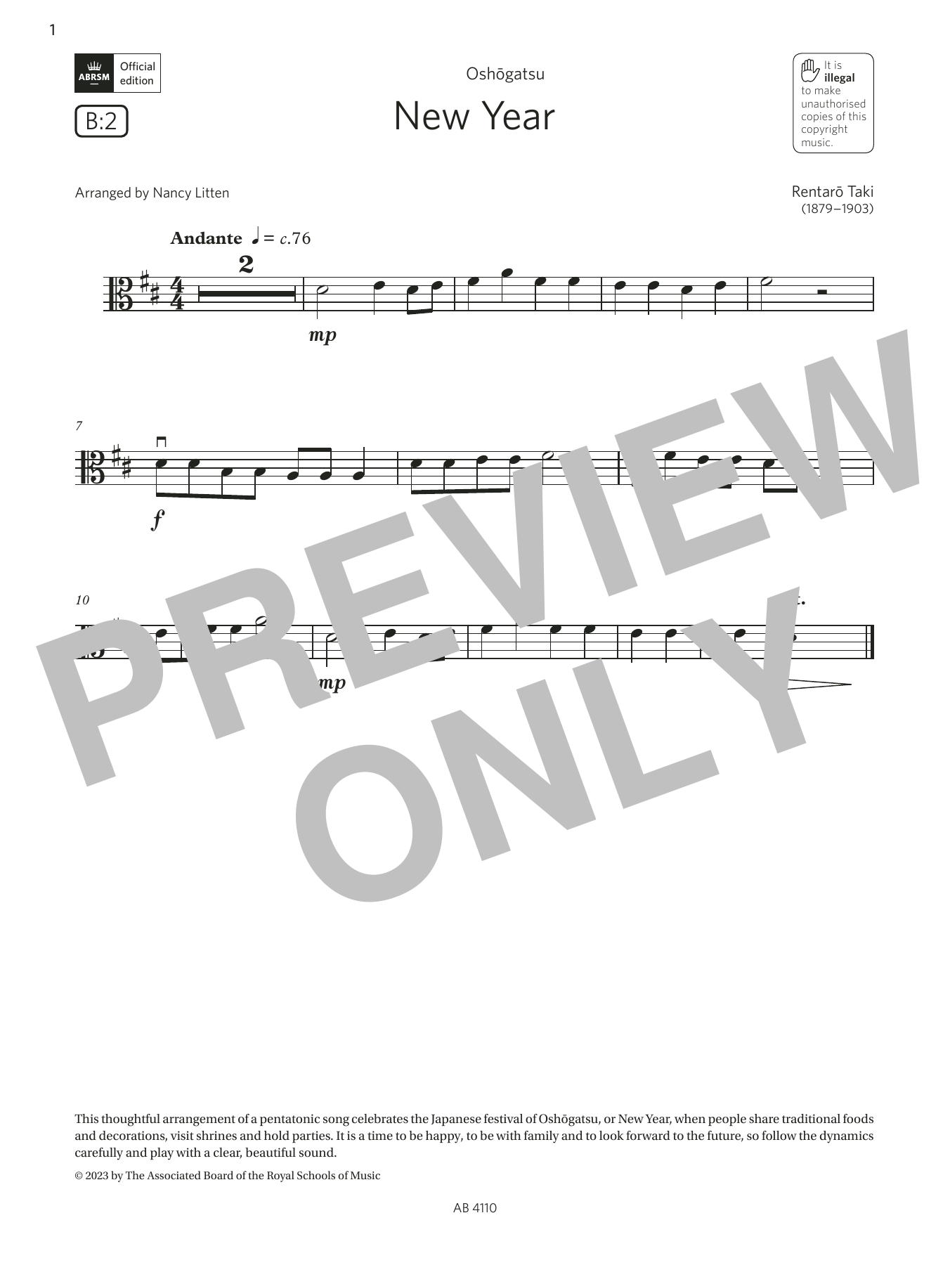Produktbild zu:  New Year (Grade Initial, B2, from the ABRSM Viola Syllabus from 2024) - Rentaro Taki