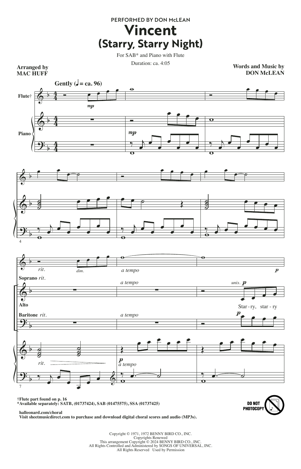 Produktbild zu: Vincent (Starry Starry Night) (arr. Mac Huff)