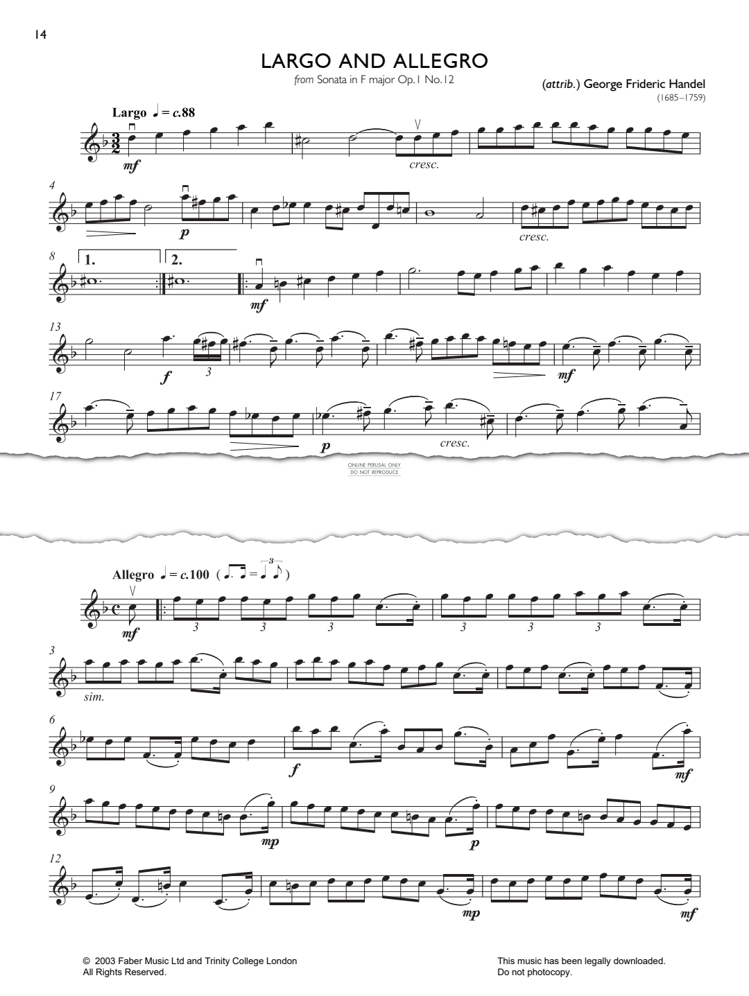 Product gallery: Page 1 of 1 Largo And Allegro (from Sonata in F Major Op.1, No.12), George Frideric Handel