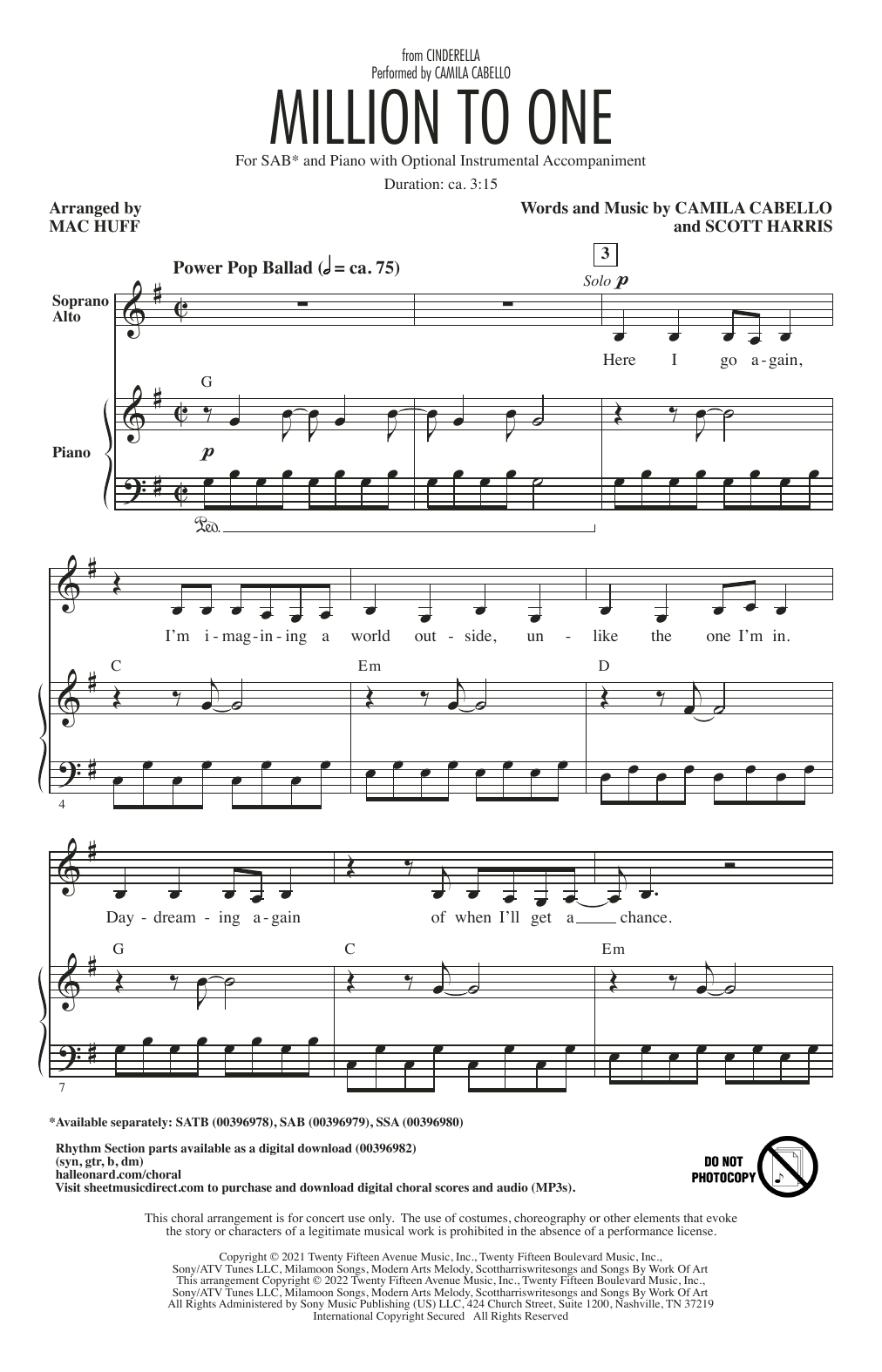 Produktbild zu: Million To One (from the Amazon Original Movie Cinderella) (arr. Mac Huff)