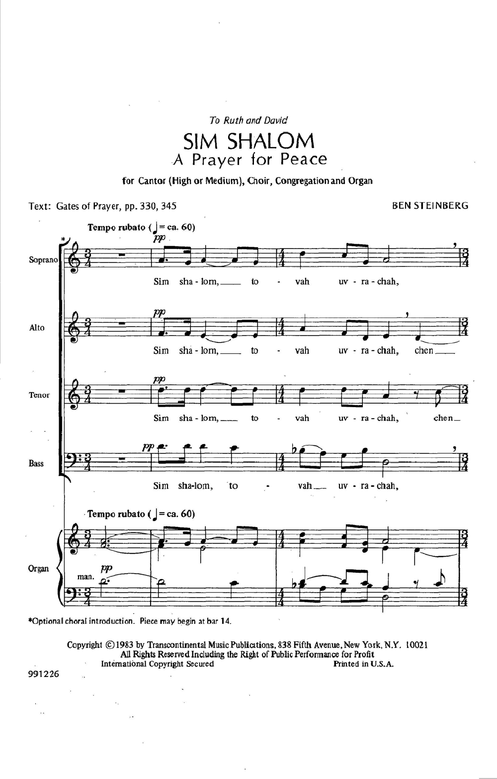 Produktgalerie: Seite 1 von 1 Sim Shalom (Prayer For Peace), Ben Steinberg, Chor