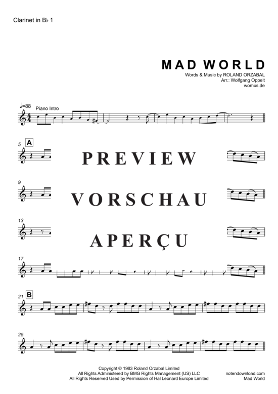 Product gallery: Page 6 of 10 Mad World , Andrews, Michael & Jules, Gary, (2x clarinets in B flat + piano, cello opt.)